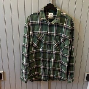 Zara Green and White Plaid Casual Shirt
